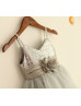 Thin Straps Silver Sequin Folded Sash Tulle Flower Girl Dress